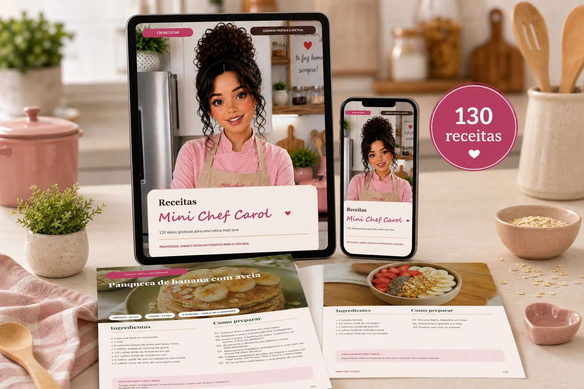 Ebook Receitas Mini Chef Carol em tablet, celular e páginas de receita